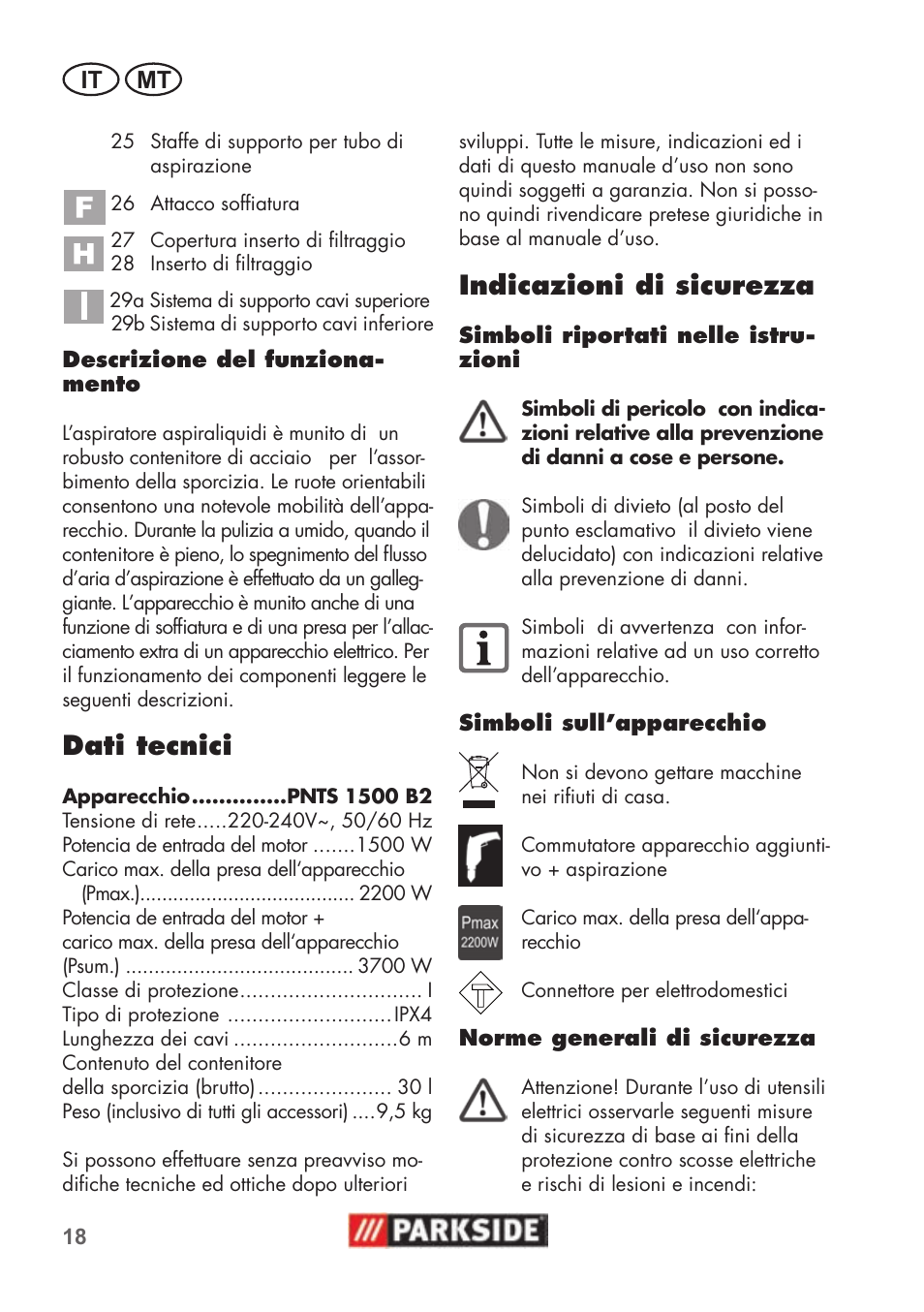 Dati tecnici, Indicazioni di sicurezza, It mt | Parkside PNTS 1500 B2 User Manual | Page 18 / 52