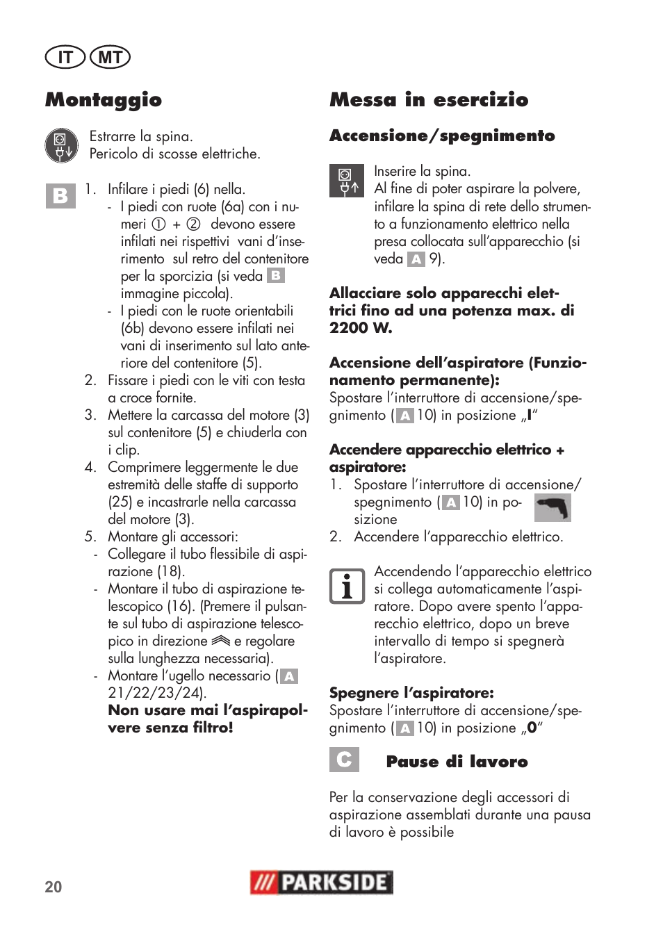 Montaggio, Messa in esercizio, It mt | Parkside PNTS 1500 B2 User Manual | Page 20 / 52