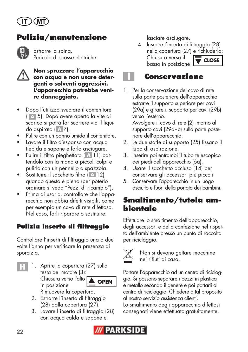 Pulizia/manutenzione, Conservazione, Smaltimento/tutela am- bientale | It mt | Parkside PNTS 1500 B2 User Manual | Page 22 / 52