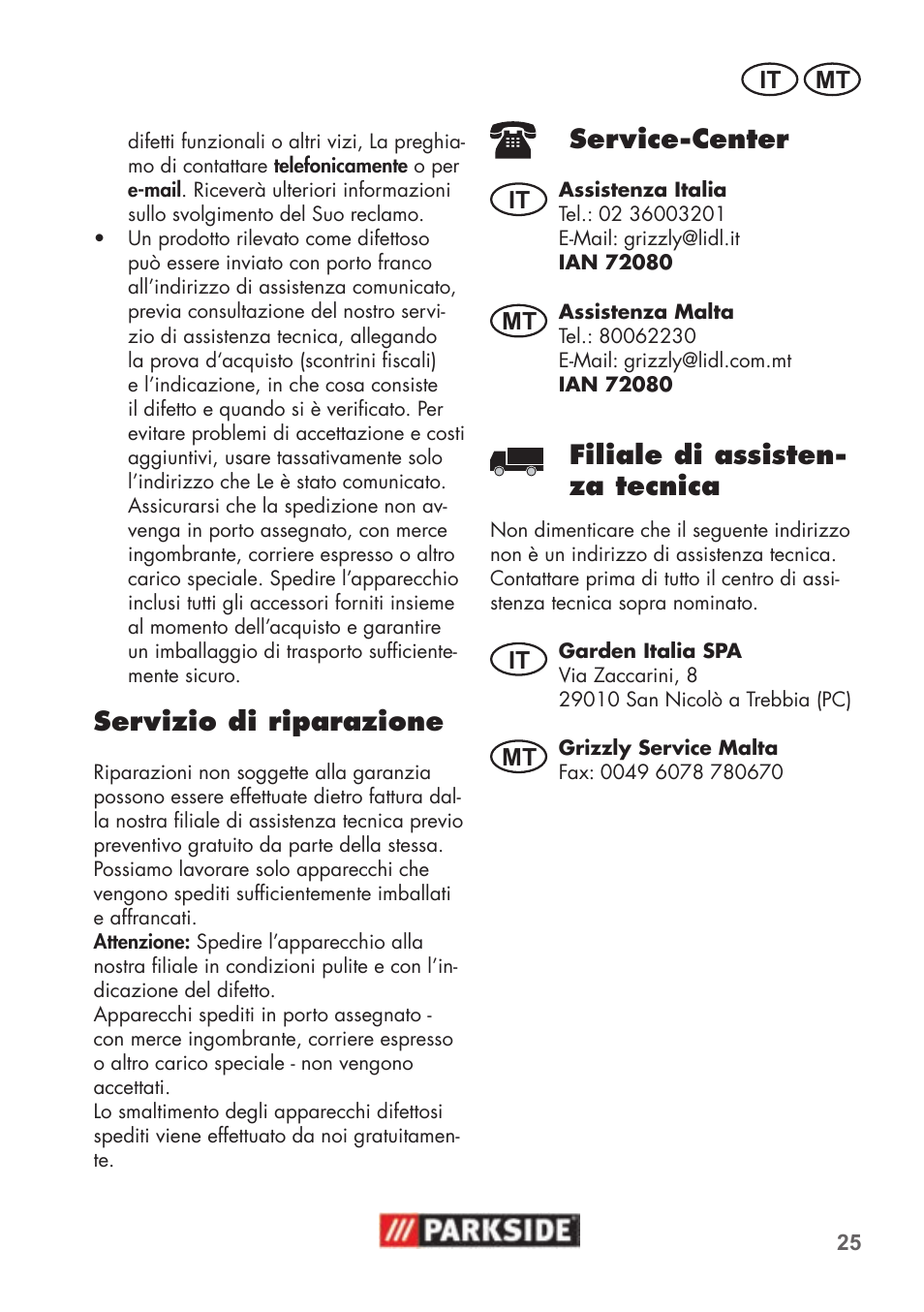 Servizio di riparazione, Service-center, Filiale di assisten- za tecnica | Parkside PNTS 1500 B2 User Manual | Page 25 / 52