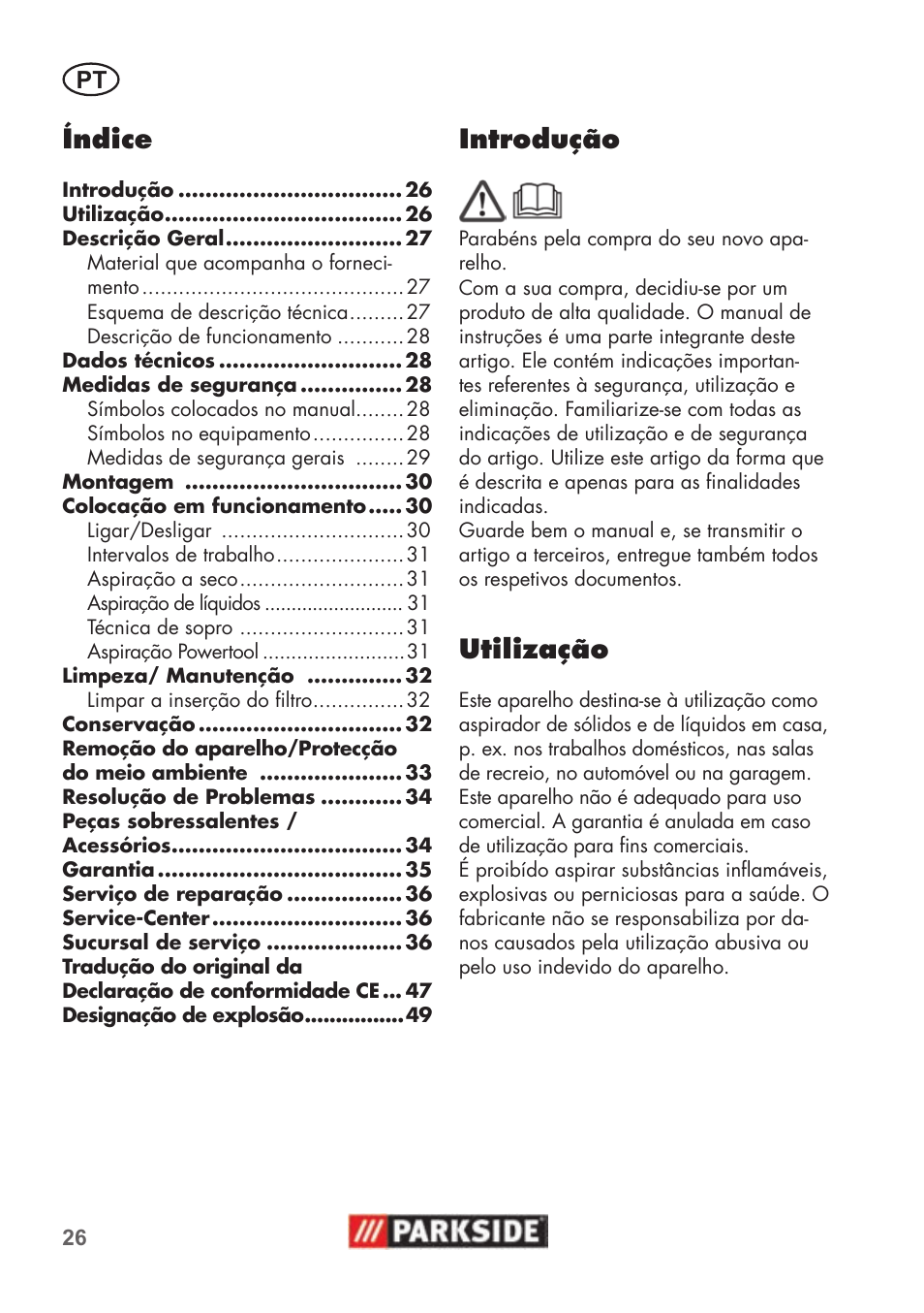 Índice, Introdução, Utilização | Parkside PNTS 1500 B2 User Manual | Page 26 / 52