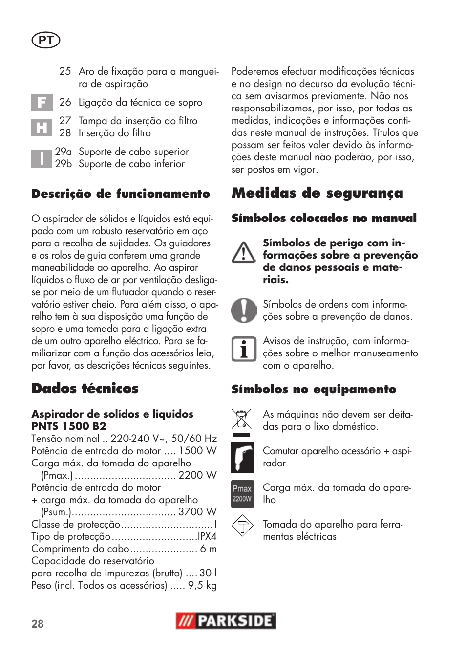 Dados técnicos, Medidas de segurança | Parkside PNTS 1500 B2 User Manual | Page 28 / 52