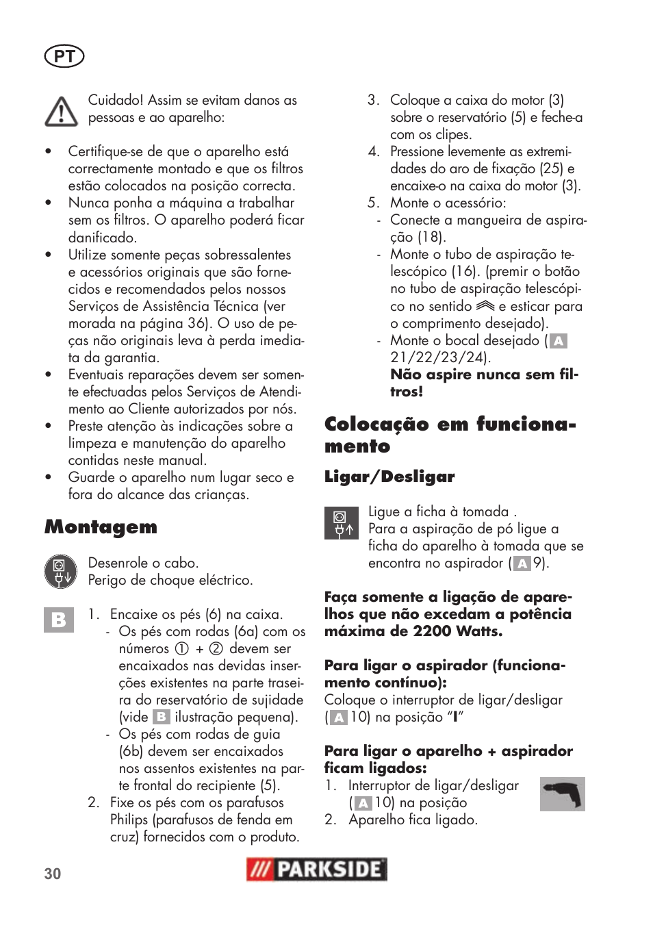 Montagem, Colocação em funciona- mento | Parkside PNTS 1500 B2 User Manual | Page 30 / 52