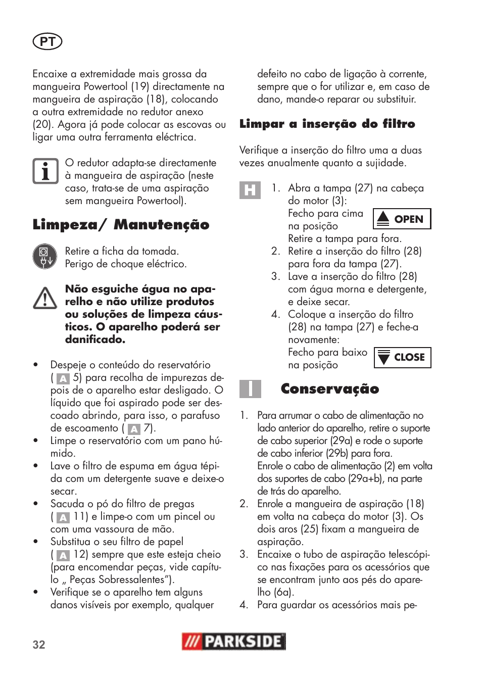 Limpeza/ manutenção, Conservação | Parkside PNTS 1500 B2 User Manual | Page 32 / 52