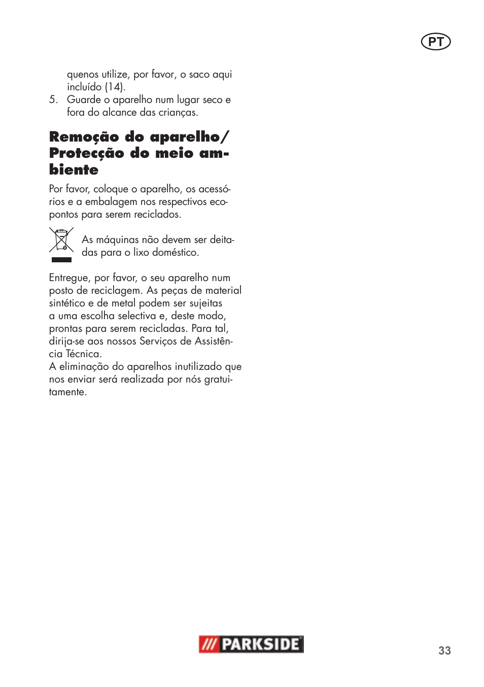 Remoção do aparelho/ protecção do meio am- biente | Parkside PNTS 1500 B2 User Manual | Page 33 / 52