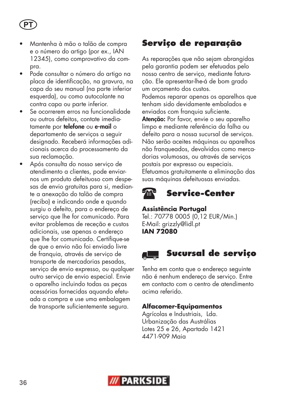 Serviço de reparação, Service-center, Sucursal de serviço | Parkside PNTS 1500 B2 User Manual | Page 36 / 52