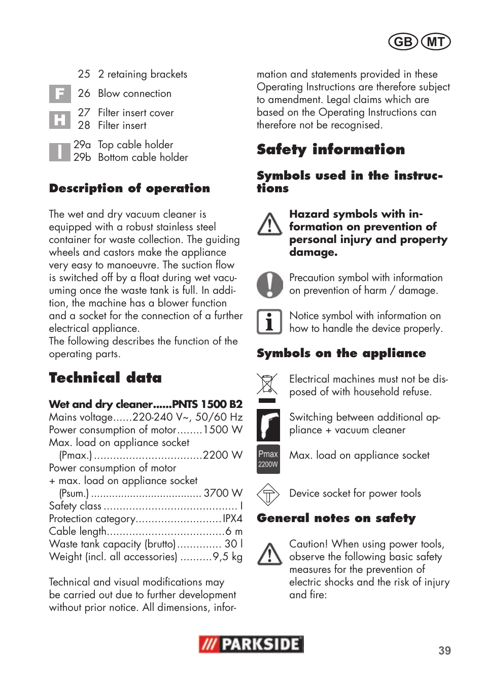 Technical data, Safety information, Gb mt | Parkside PNTS 1500 B2 User Manual | Page 39 / 52