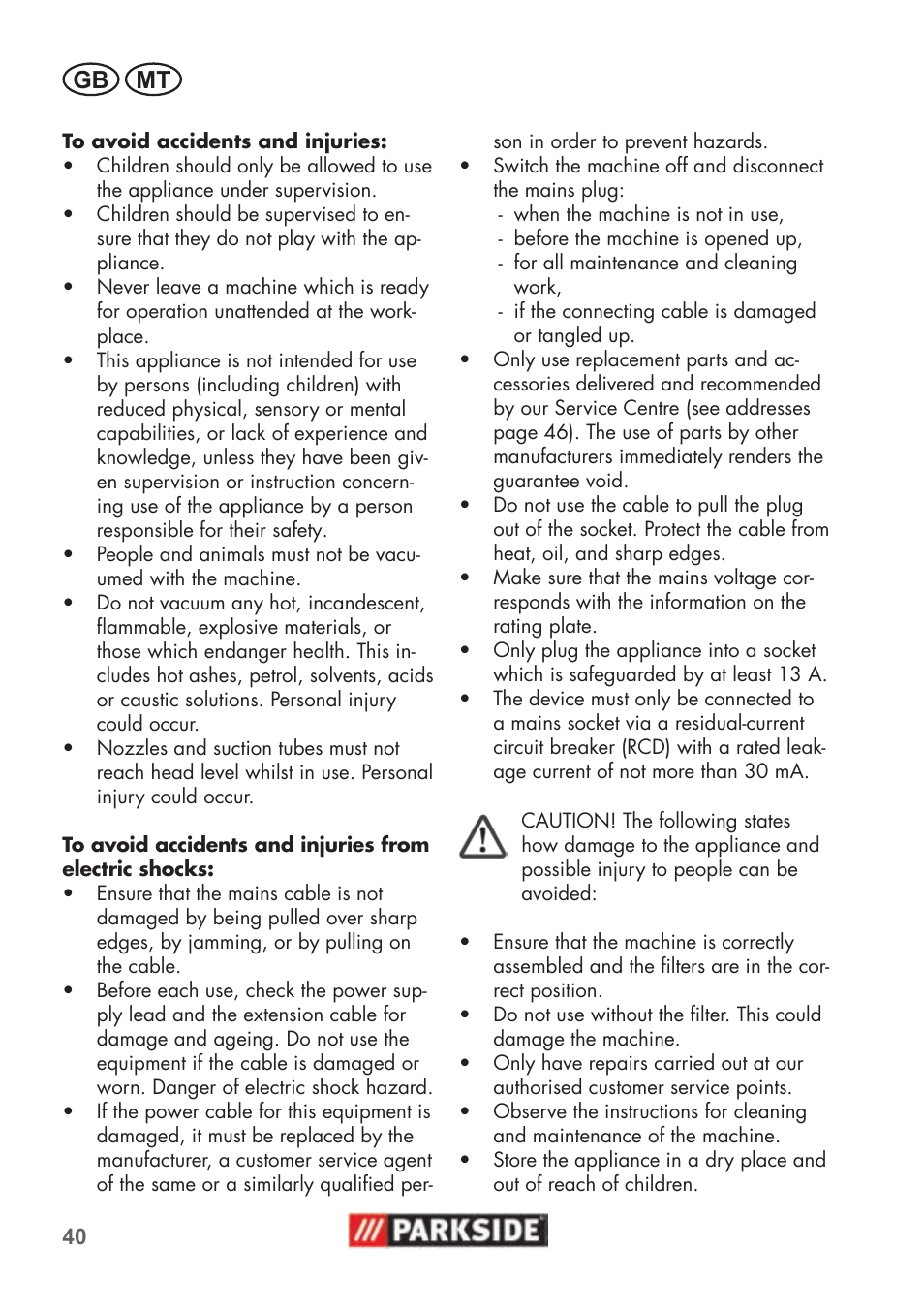 Gb mt | Parkside PNTS 1500 B2 User Manual | Page 40 / 52