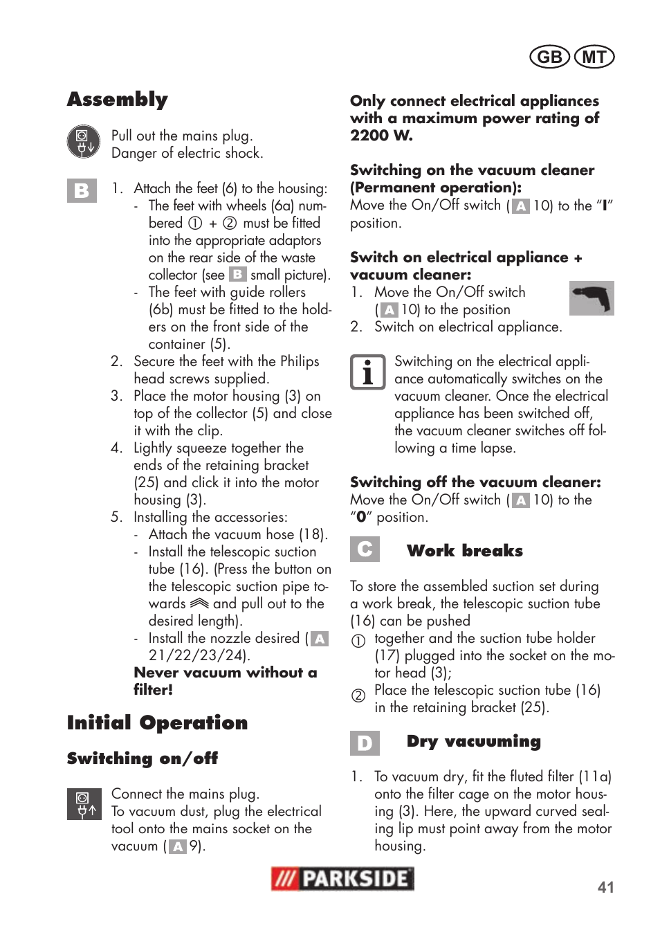 Assembly, Initial operation, Gb mt | Parkside PNTS 1500 B2 User Manual | Page 41 / 52