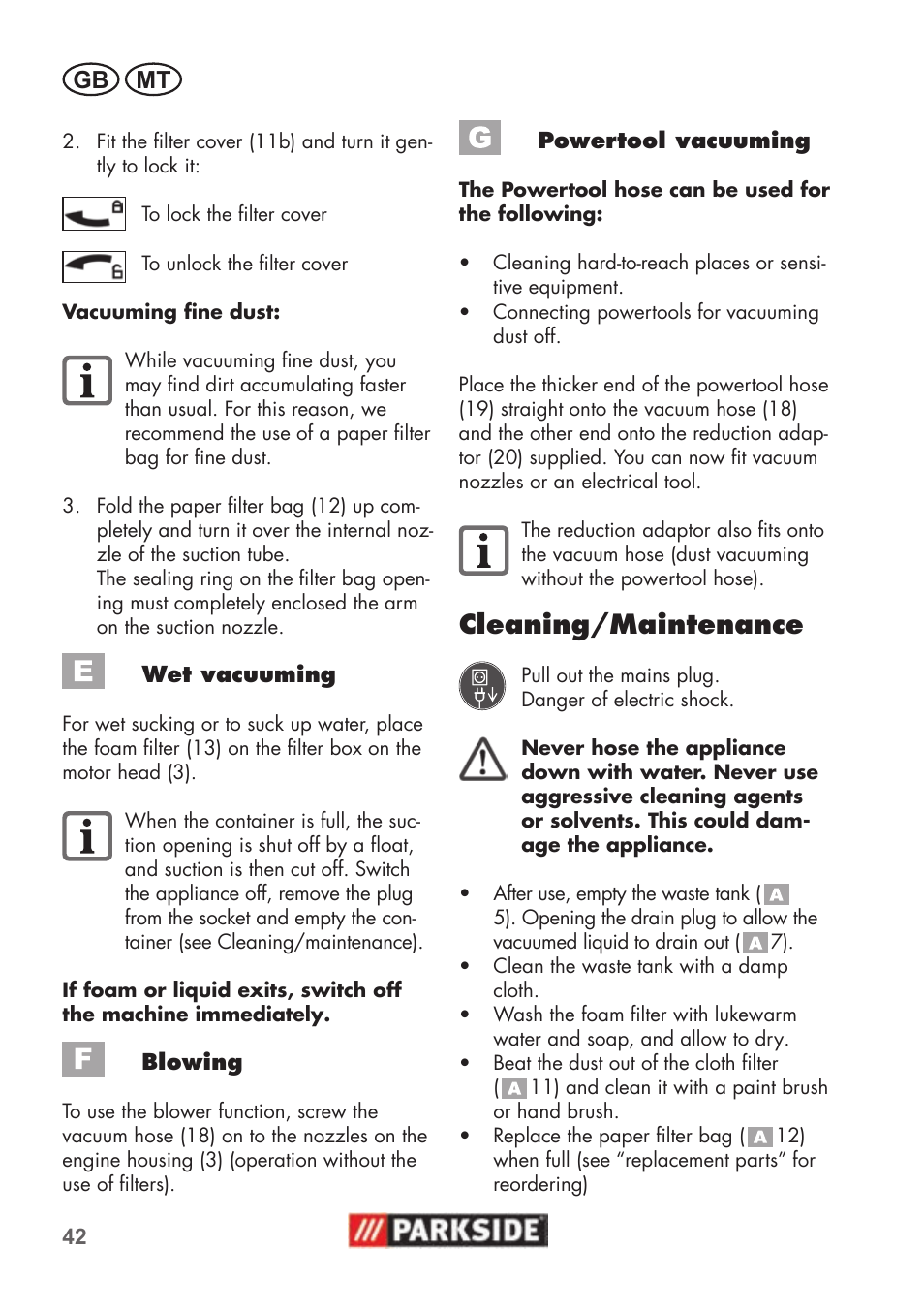 Cleaning/maintenance, Gb mt | Parkside PNTS 1500 B2 User Manual | Page 42 / 52