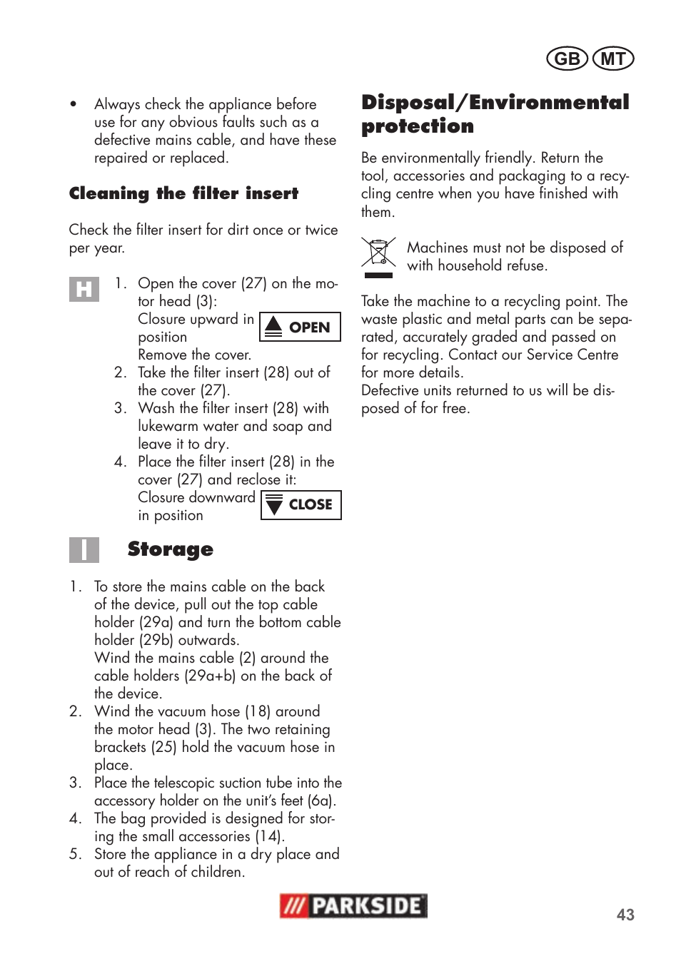 Storage, Disposal/environmental protection, Gb mt | Parkside PNTS 1500 B2 User Manual | Page 43 / 52