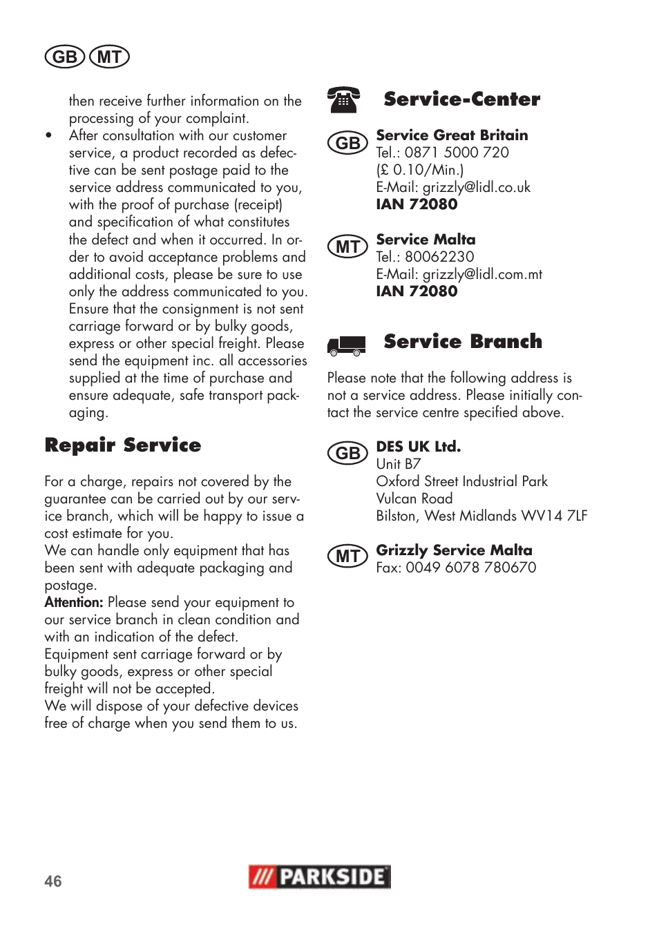 Repair service, Service-center, Service branch | Parkside PNTS 1500 B2 User Manual | Page 46 / 52