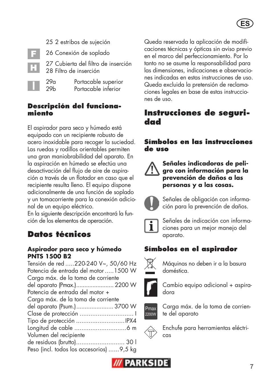 Datos técnicos, Instrucciones de seguri- dad | Parkside PNTS 1500 B2 User Manual | Page 7 / 52