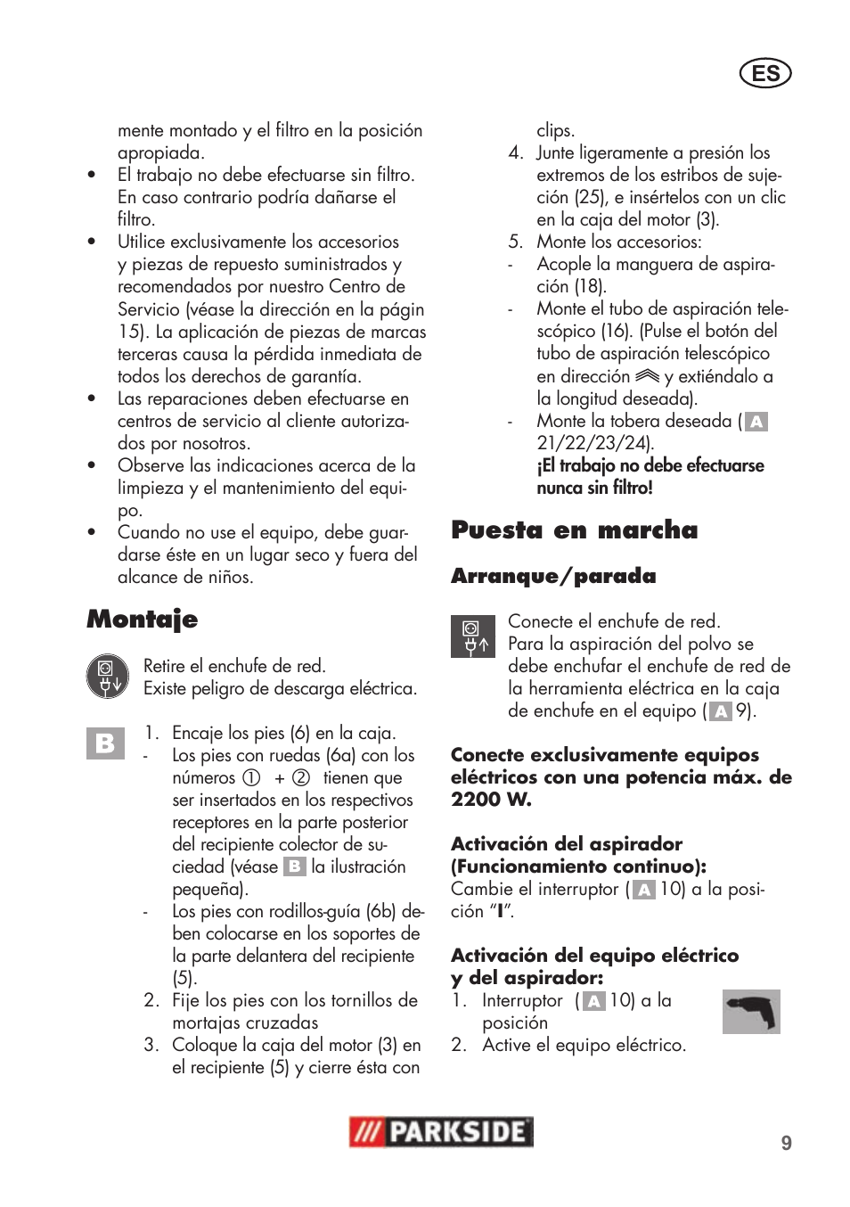 Montaje, Puesta en marcha | Parkside PNTS 1500 B2 User Manual | Page 9 / 52