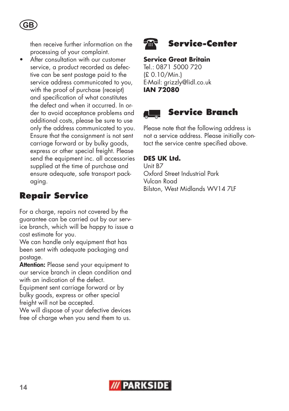 Repair service, Service-center, Service branch | Parkside PNTS 1500 B2 User Manual | Page 14 / 52