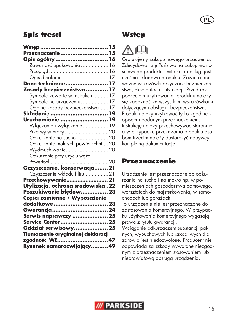 Spis tresci, Wstęp, Przeznaczenie | Parkside PNTS 1500 B2 User Manual | Page 15 / 52