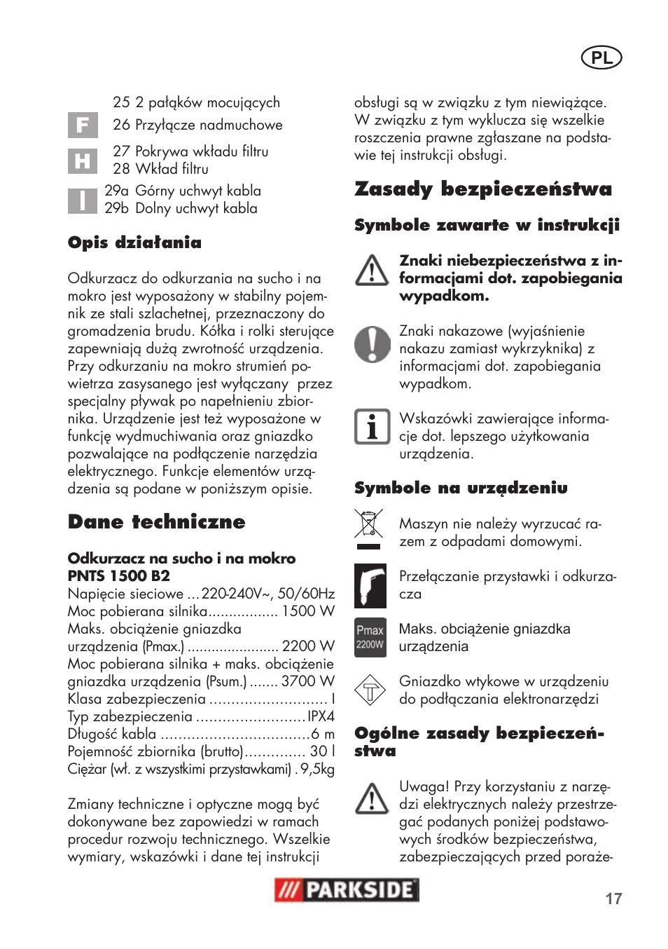 Dane techniczne, Zasady bezpieczeństwa | Parkside PNTS 1500 B2 User Manual | Page 17 / 52