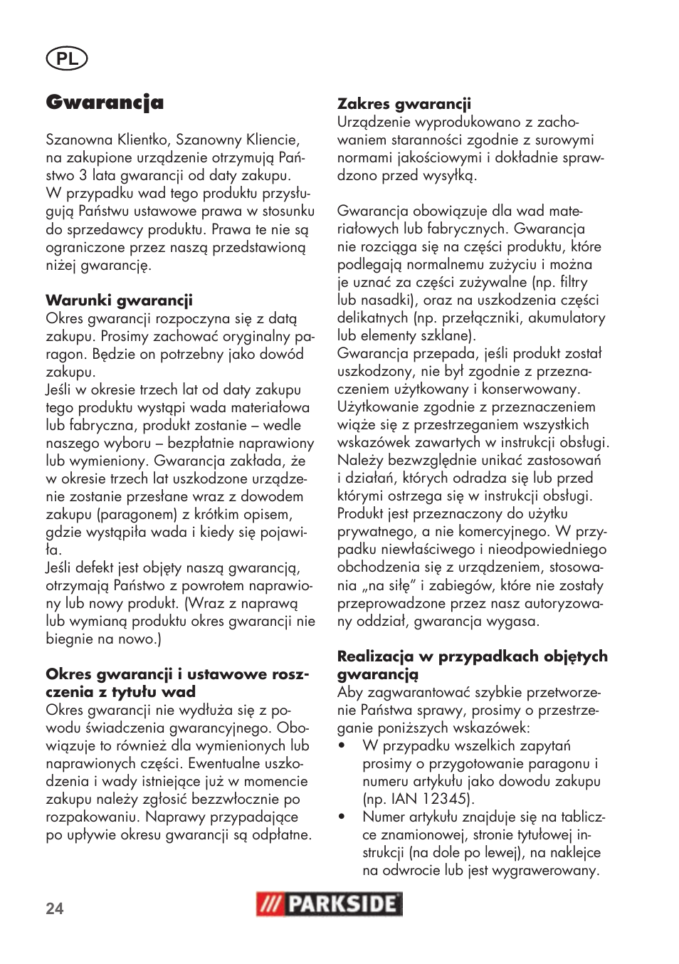 Gwarancja | Parkside PNTS 1500 B2 User Manual | Page 24 / 52