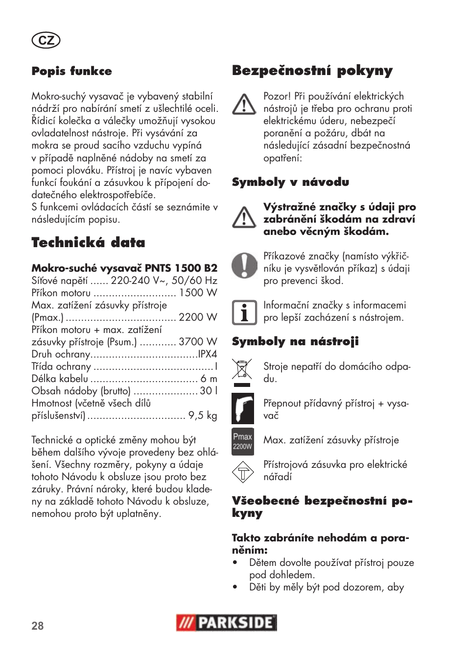 Technická data, Bezpečnostní pokyny | Parkside PNTS 1500 B2 User Manual | Page 28 / 52