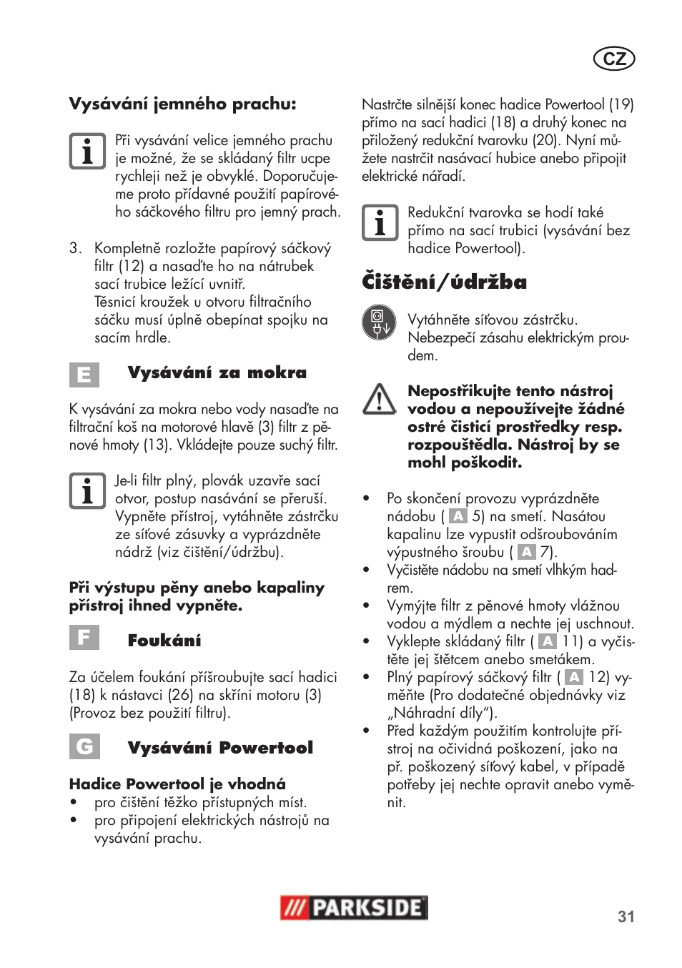 Čištění/údržba | Parkside PNTS 1500 B2 User Manual | Page 31 / 52