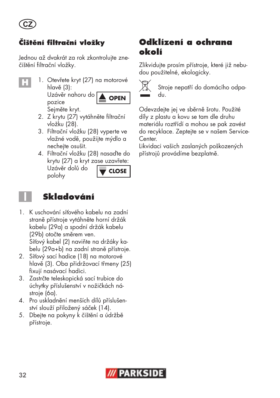 Skladování, Odklízení a ochrana okolí | Parkside PNTS 1500 B2 User Manual | Page 32 / 52