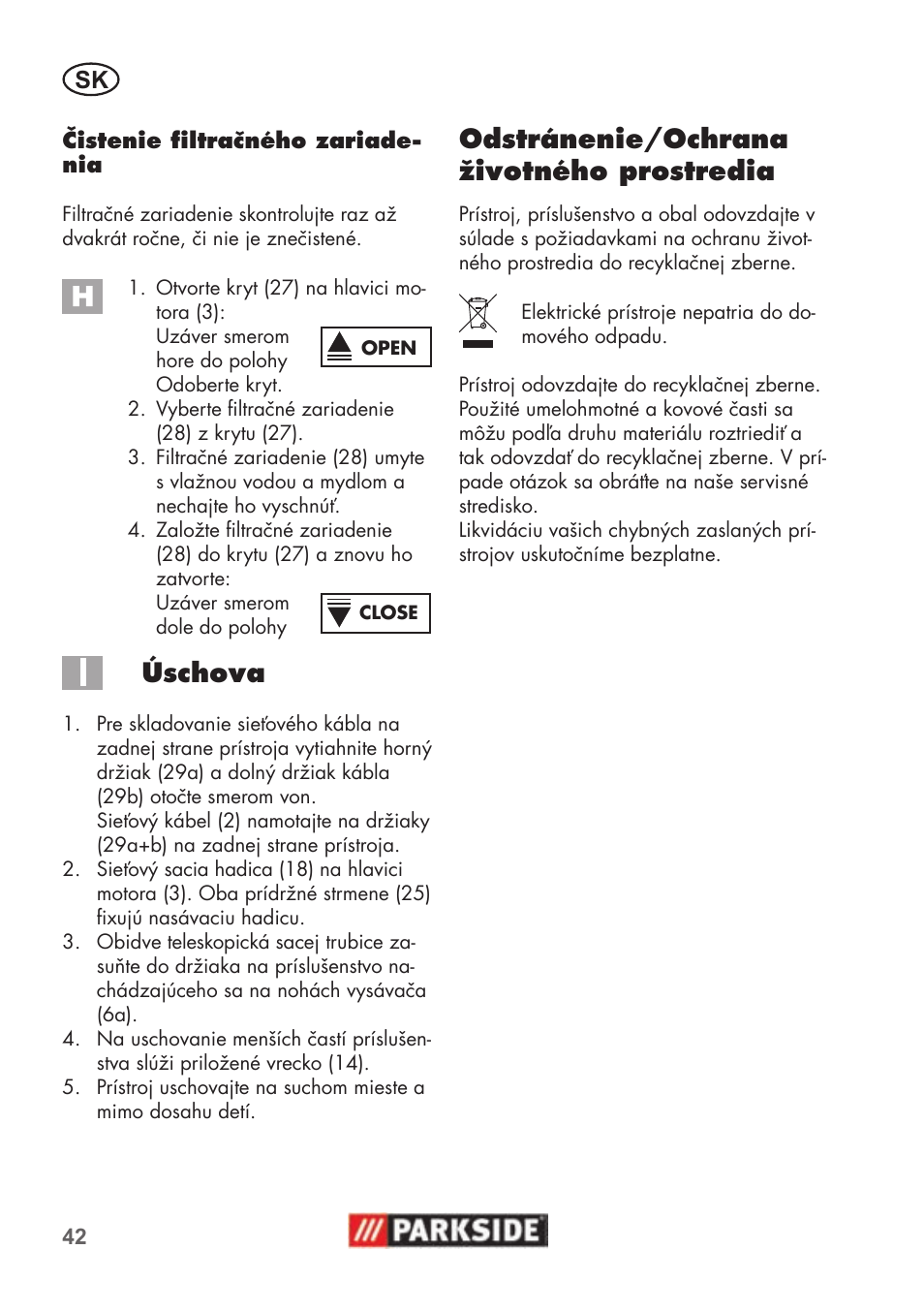 Úschova, Odstránenie/ochrana životného prostredia | Parkside PNTS 1500 B2 User Manual | Page 42 / 52