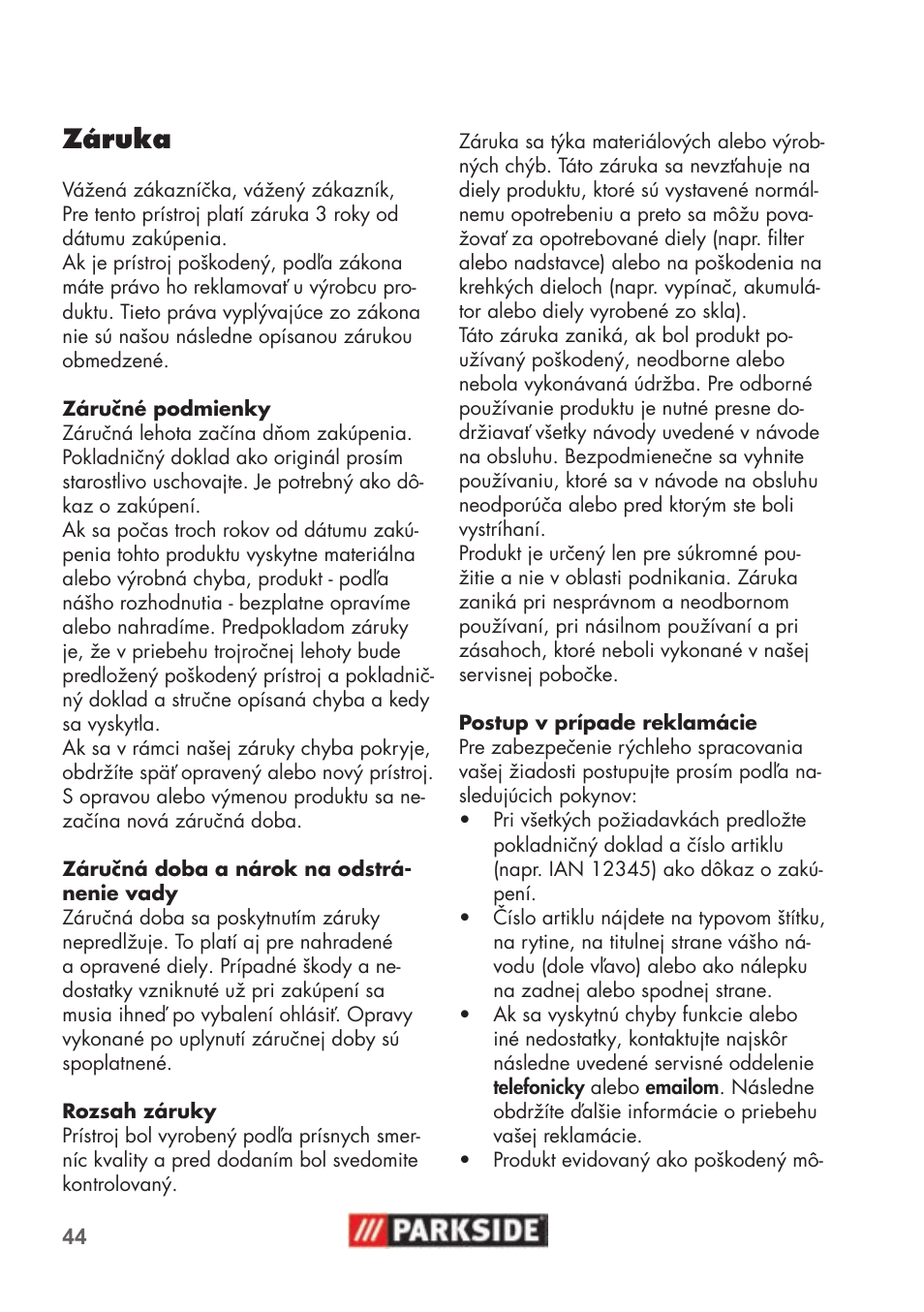 Záruka | Parkside PNTS 1500 B2 User Manual | Page 44 / 52