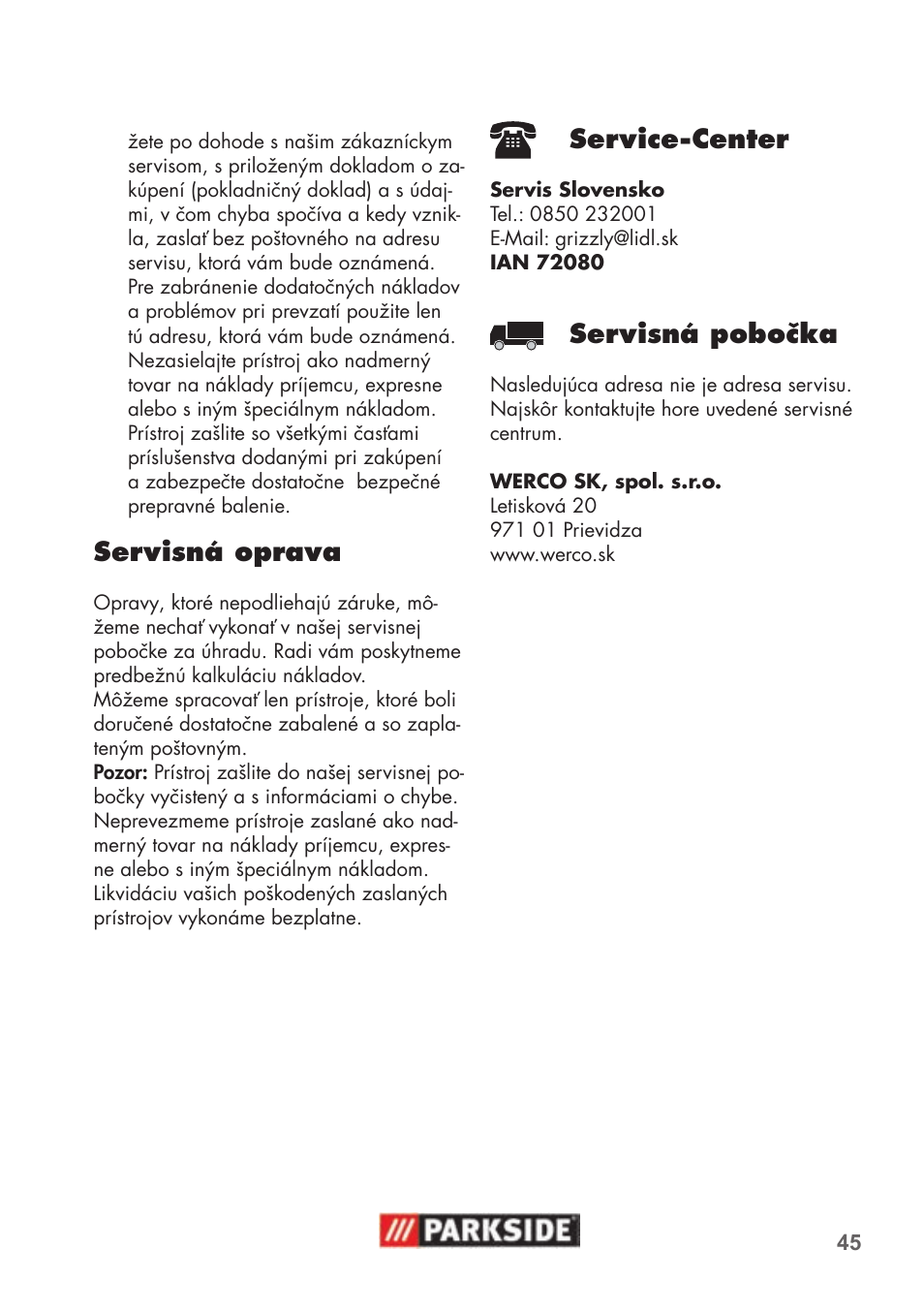 Servisná oprava, Service-center, Servisná pobočka | Parkside PNTS 1500 B2 User Manual | Page 45 / 52