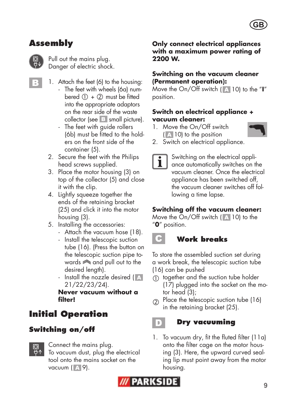 Assembly, Initial operation | Parkside PNTS 1500 B2 User Manual | Page 9 / 52