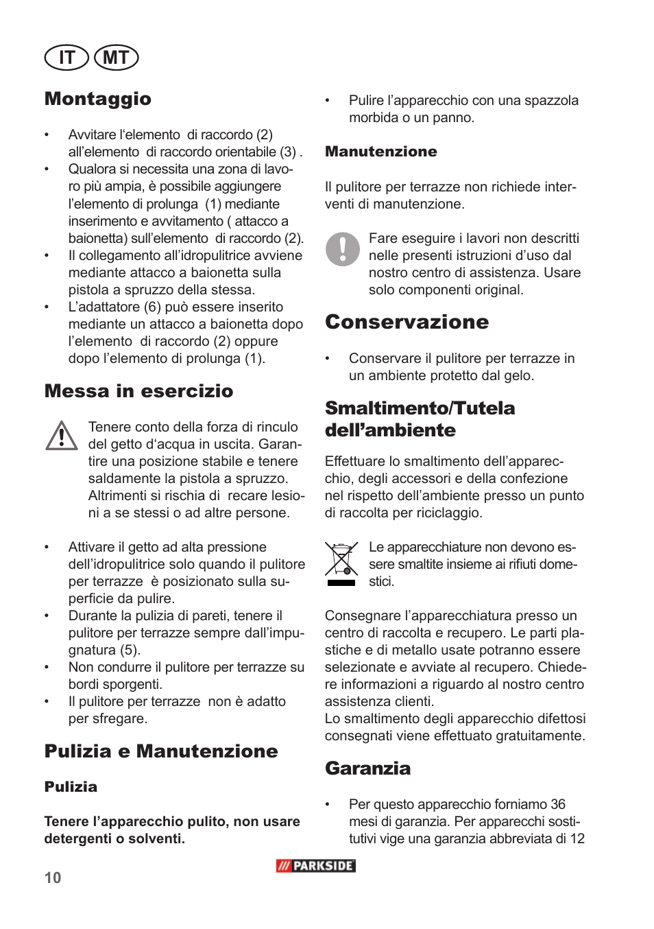 Conservazione, Mt it montaggio, Messa in esercizio | Pulizia e manutenzione, Smaltimento/tutela dell’ambiente, Garanzia | Parkside PPC 30 A1 User Manual | Page 10 / 30