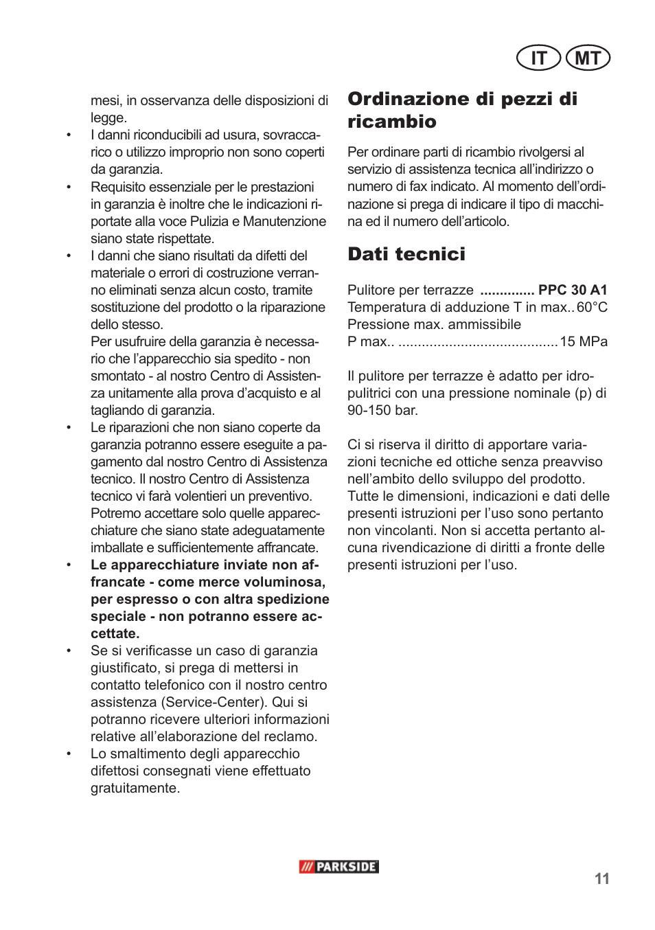 Mt it, Ordinazione di pezzi di ricambio, Dati tecnici | Parkside PPC 30 A1 User Manual | Page 11 / 30