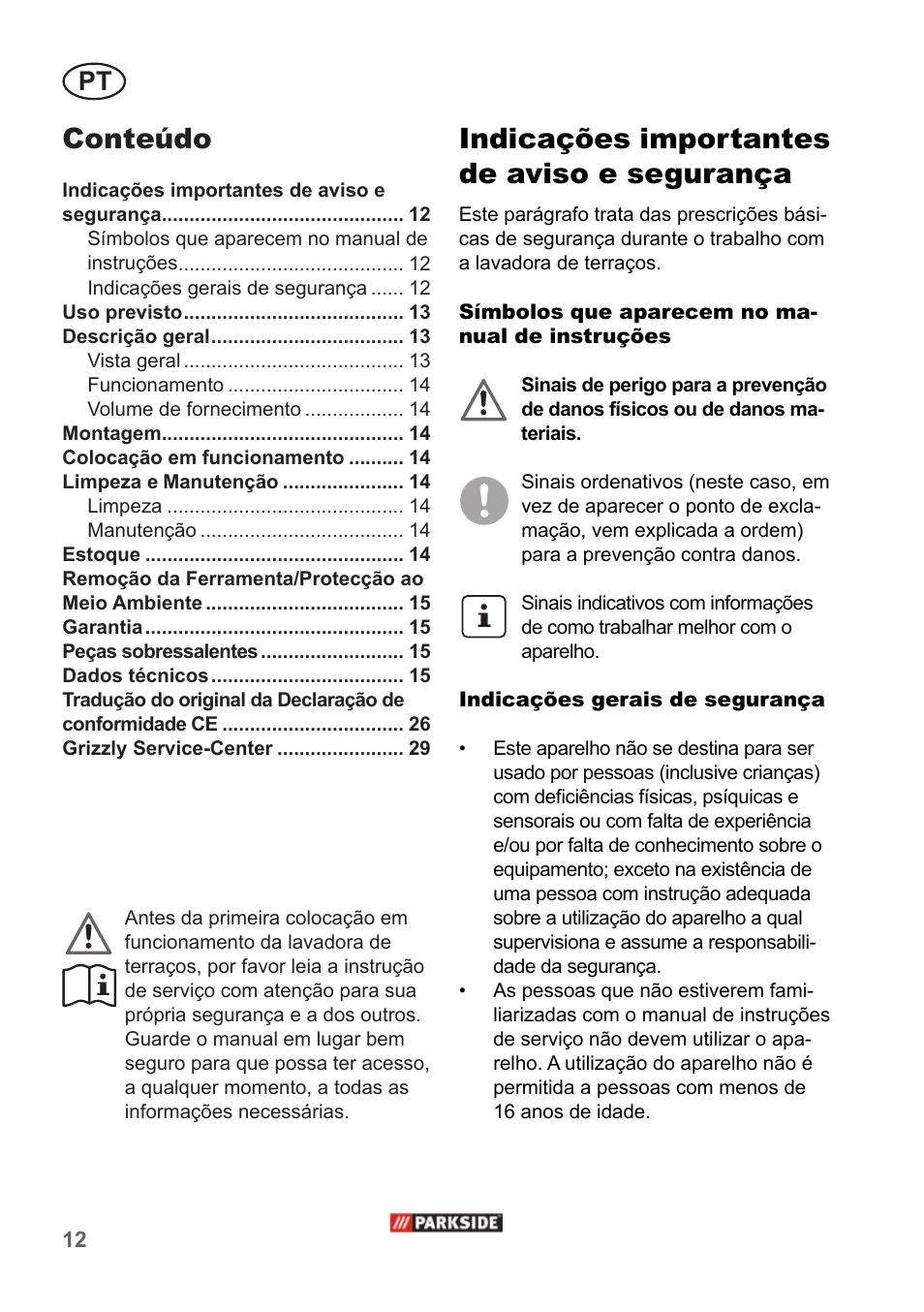 Indicações importantes de aviso e segurança, Conteúdo | Parkside PPC 30 A1 User Manual | Page 12 / 30