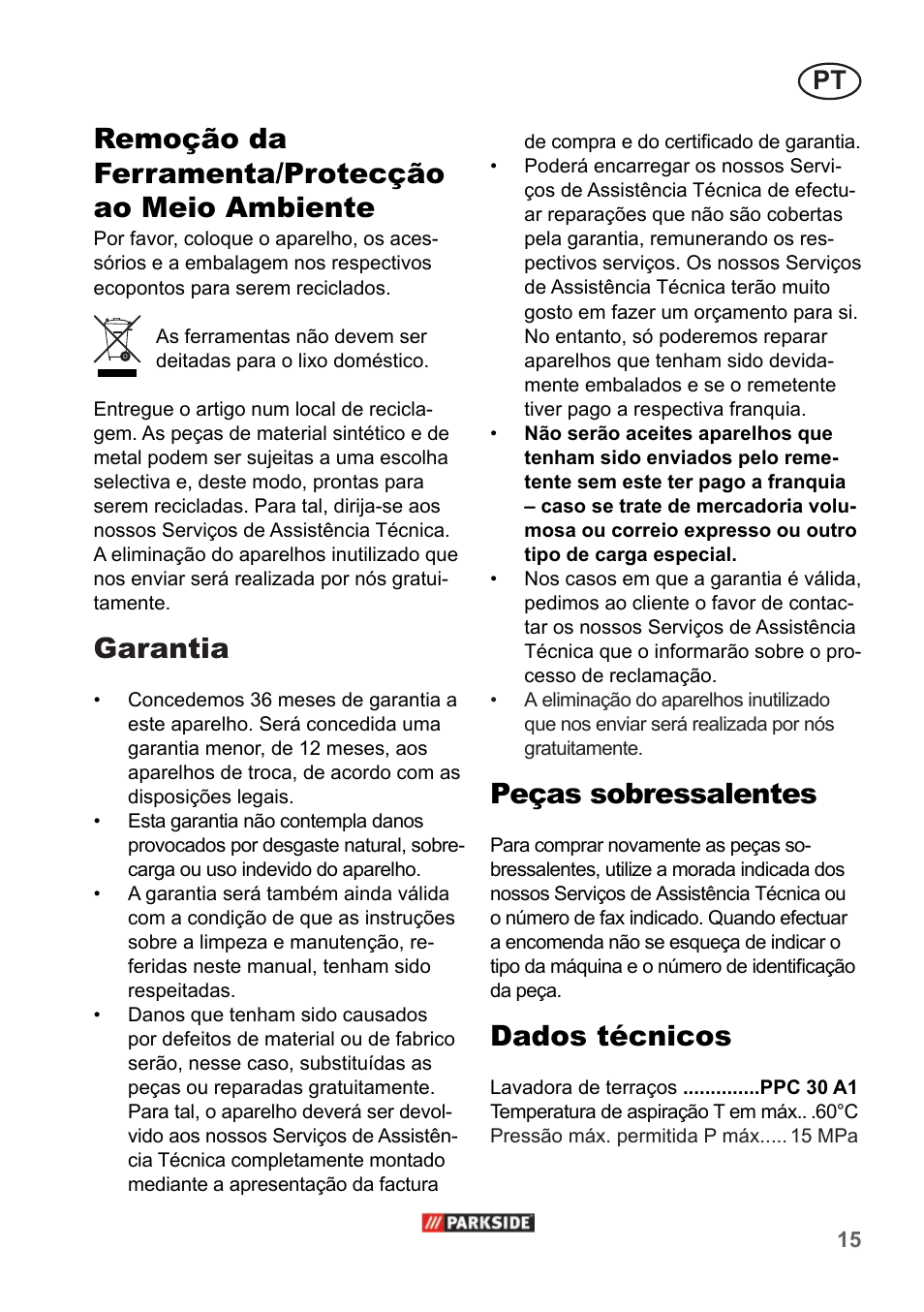 Remoção da ferramenta/protecção ao meio ambiente, Garantia, Peças sobressalentes | Dados técnicos | Parkside PPC 30 A1 User Manual | Page 15 / 30