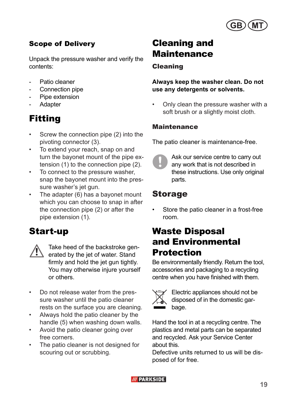 Fitting, Start-up, Cleaning and maintenance | Waste disposal and environmental protection, Mt gb, Storage | Parkside PPC 30 A1 User Manual | Page 19 / 30