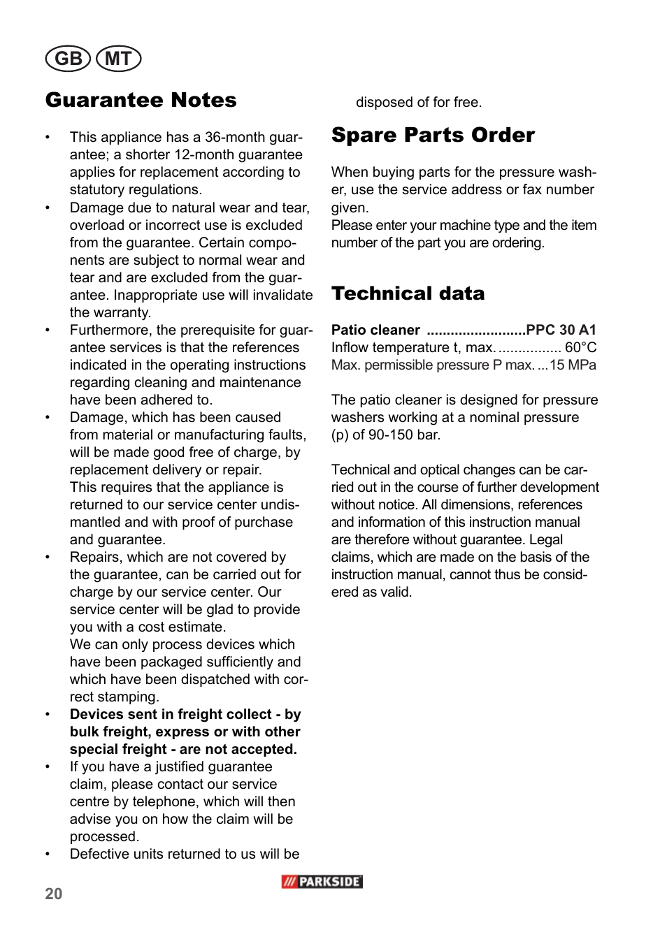 Spare parts order, Mt gb, Technical data | Parkside PPC 30 A1 User Manual | Page 20 / 30