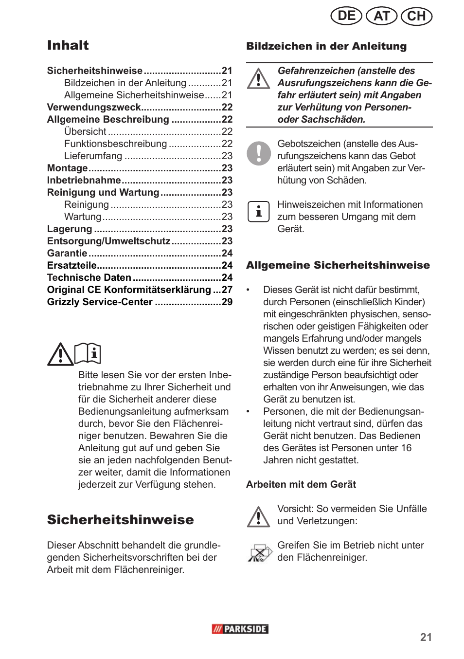 Ch at de, Sicherheitshinweise, Inhalt | Parkside PPC 30 A1 User Manual | Page 21 / 30