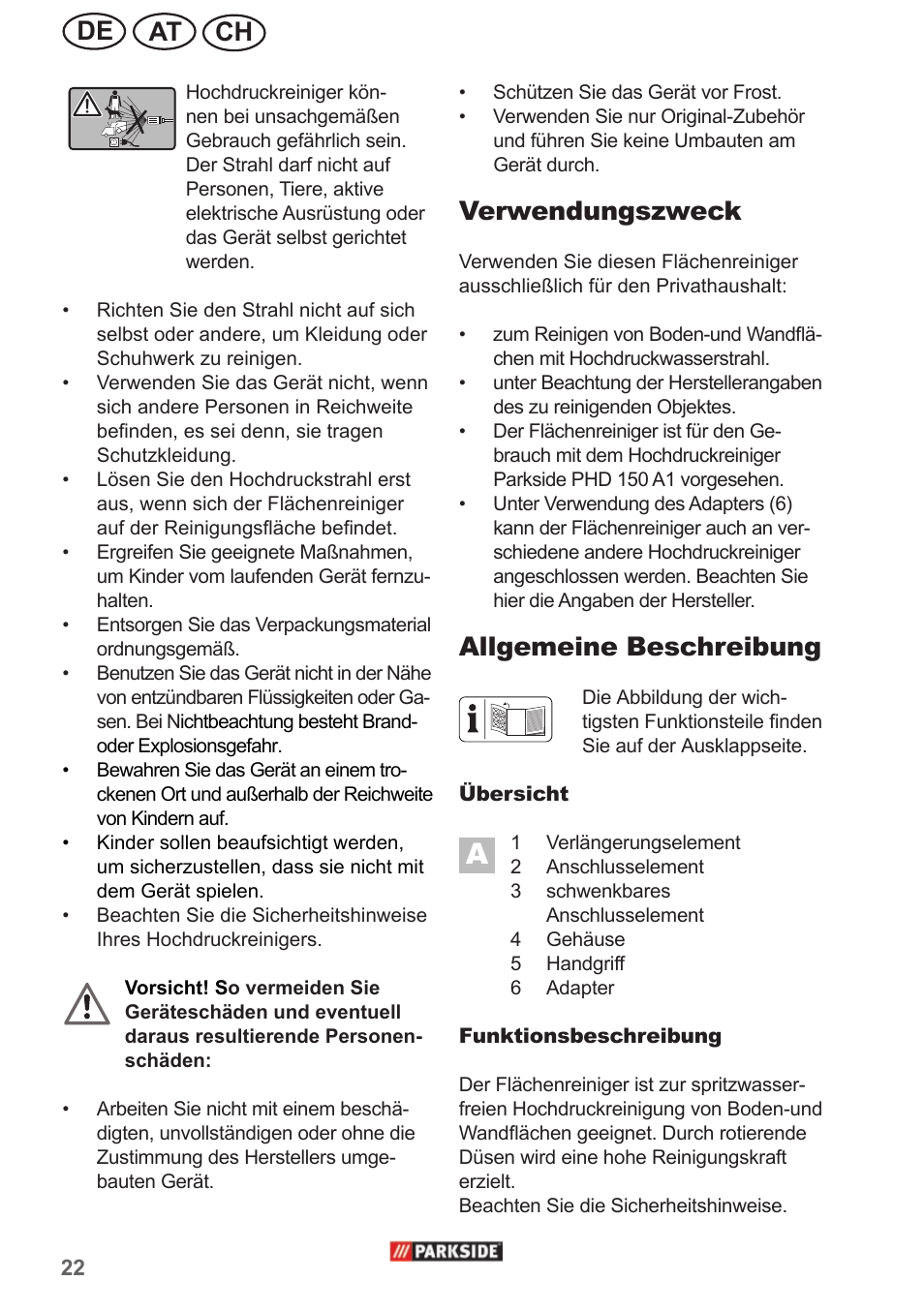 Ch at de, Verwendungszweck, Allgemeine beschreibung | Parkside PPC 30 A1 User Manual | Page 22 / 30