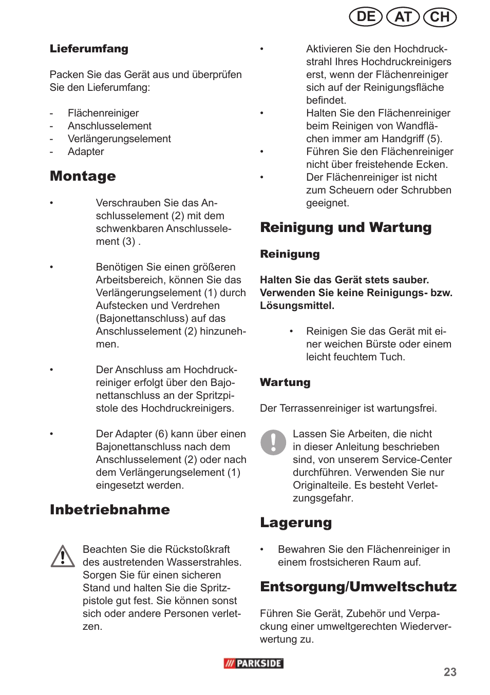 Ch at de, Montage, Inbetriebnahme | Reinigung und wartung, Lagerung, Entsorgung/umweltschutz | Parkside PPC 30 A1 User Manual | Page 23 / 30