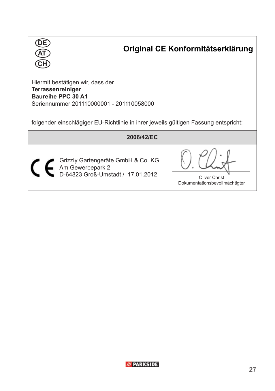 Original ce konformitätserklärung | Parkside PPC 30 A1 User Manual | Page 27 / 30