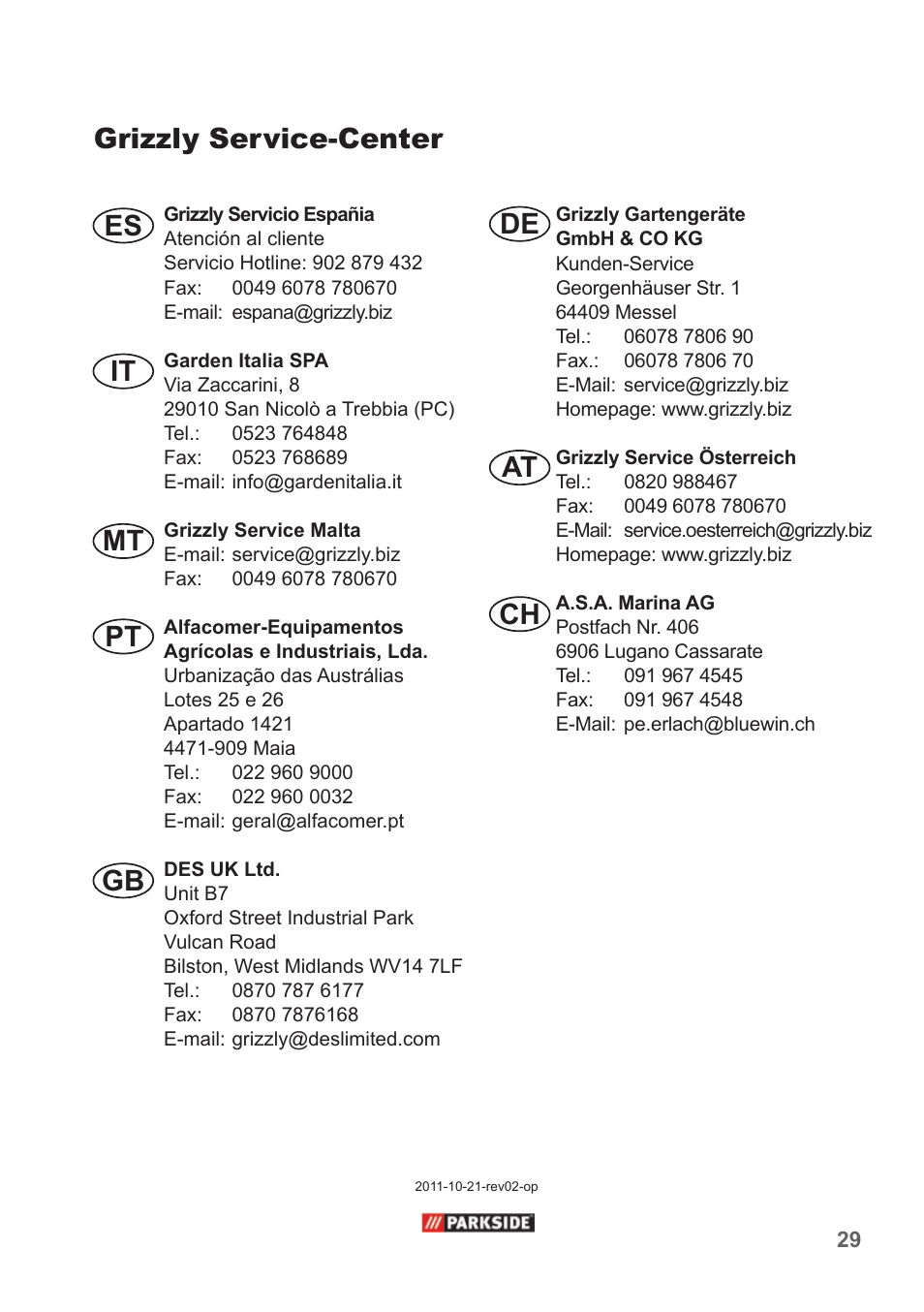 Grizzly service-center, Es it, Mt pt gb de at ch | Parkside PPC 30 A1 User Manual | Page 29 / 30