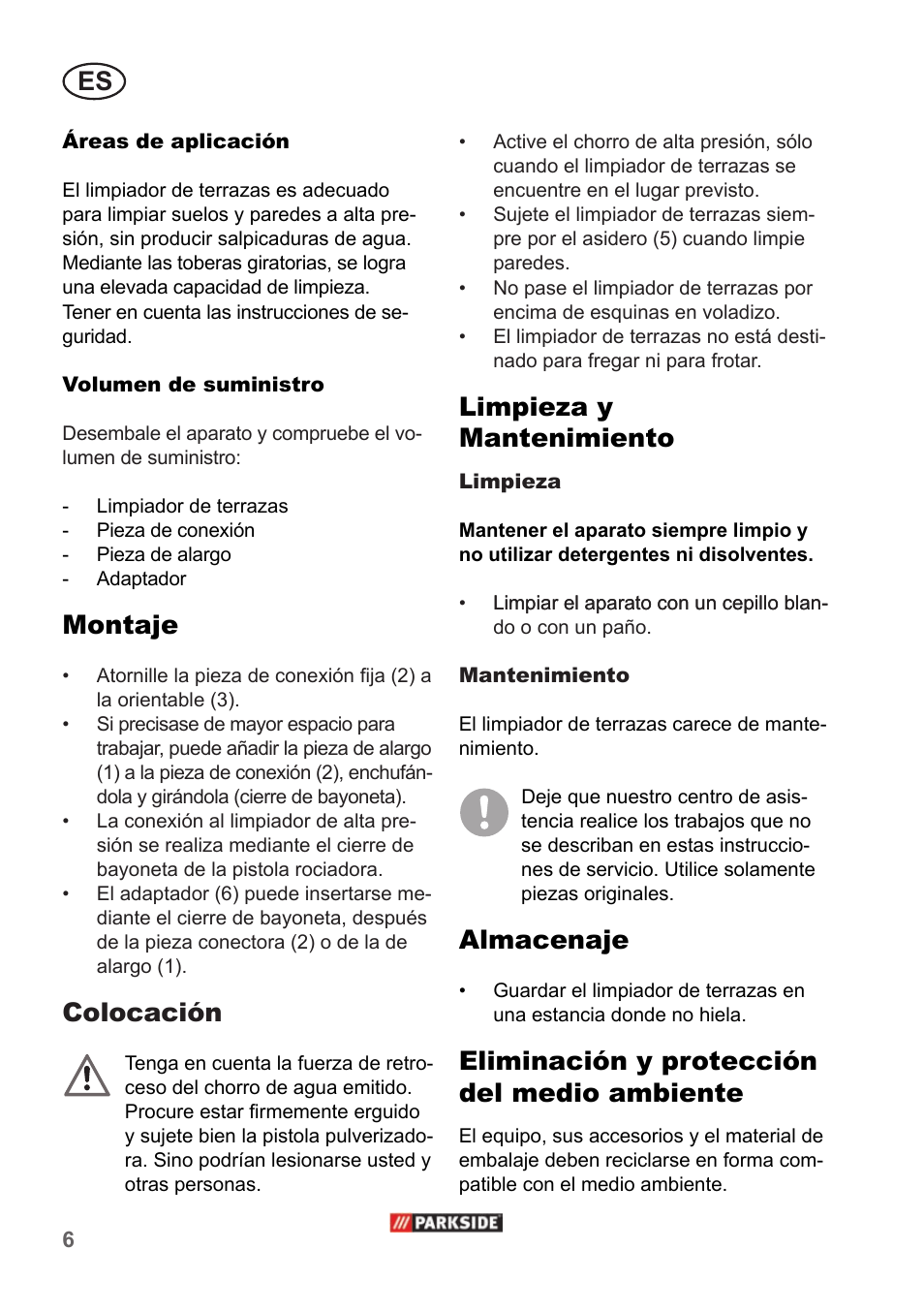 Montaje, Colocación, Limpieza y mantenimiento | Almacenaje, Eliminación y protección del medio ambiente | Parkside PPC 30 A1 User Manual | Page 6 / 30