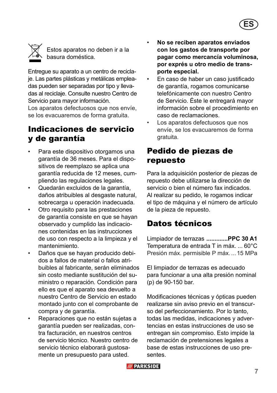 Indicaciones de servicio y de garantía, Pedido de piezas de repuesto, Datos técnicos | Parkside PPC 30 A1 User Manual | Page 7 / 30