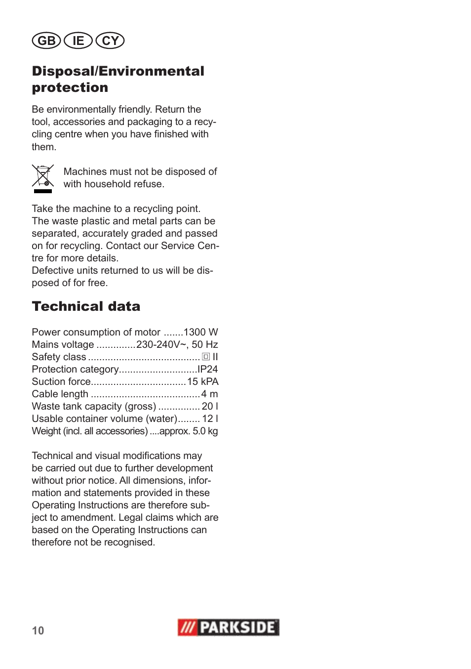 Disposal/environmental protection, Technical data | Parkside PNTS 1300 B2 User Manual | Page 10 / 22