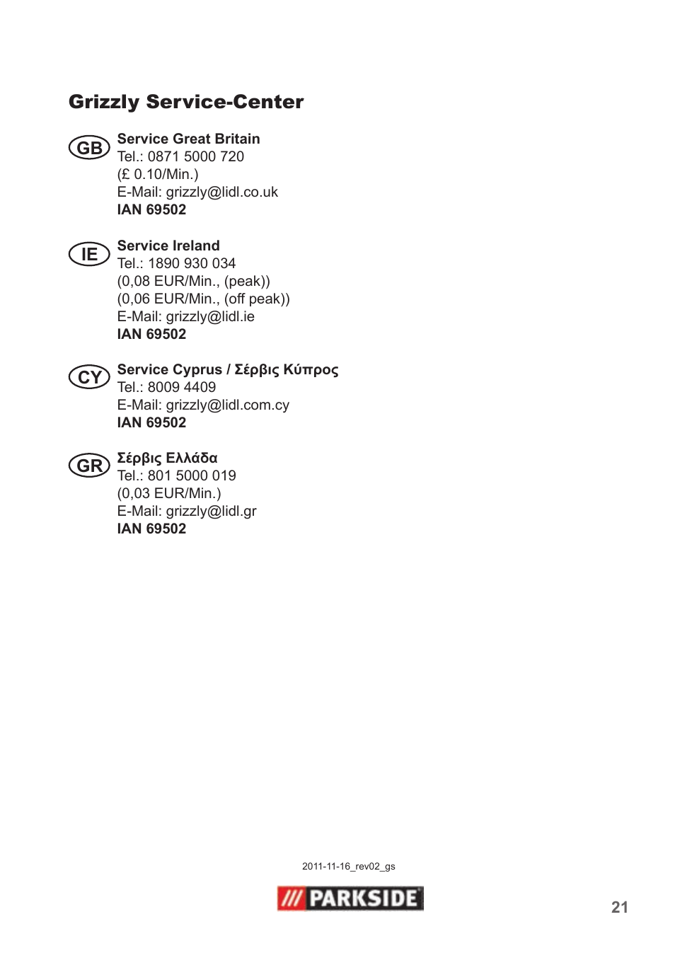 Grizzly service-center | Parkside PNTS 1300 B2 User Manual | Page 21 / 22