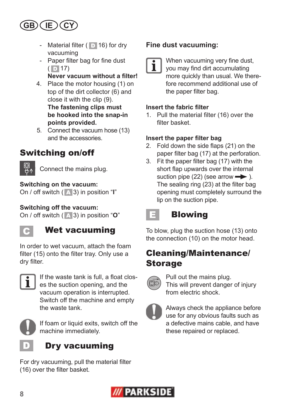 Switching on/off, Wet vacuuming, Dry vacuuming | Blowing, Cleaning/maintenance/ storage | Parkside PNTS 1300 B2 User Manual | Page 8 / 22