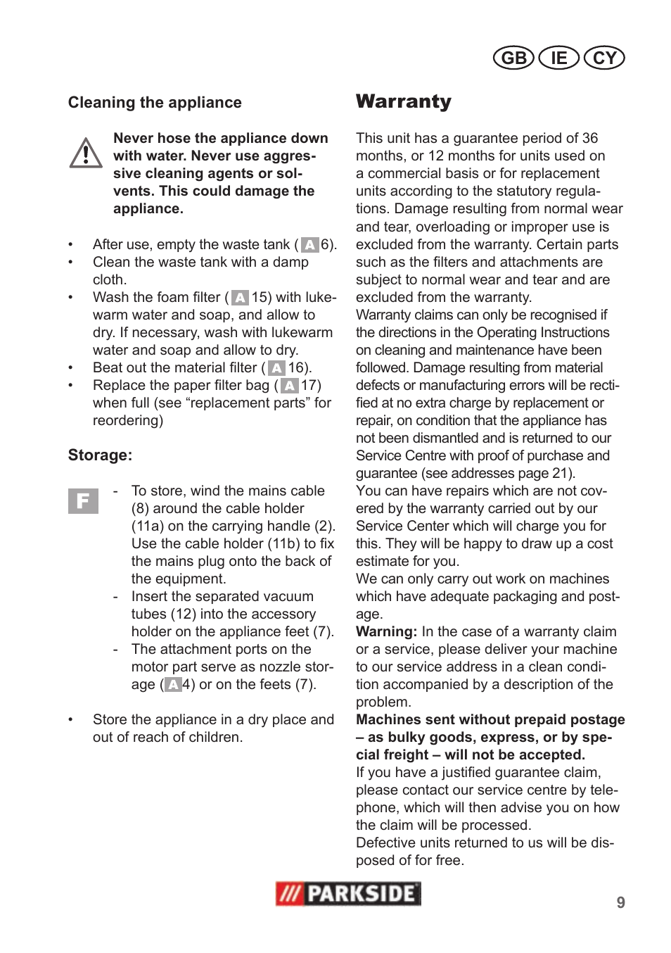 Warranty, Ie cy gb | Parkside PNTS 1300 B2 User Manual | Page 9 / 22