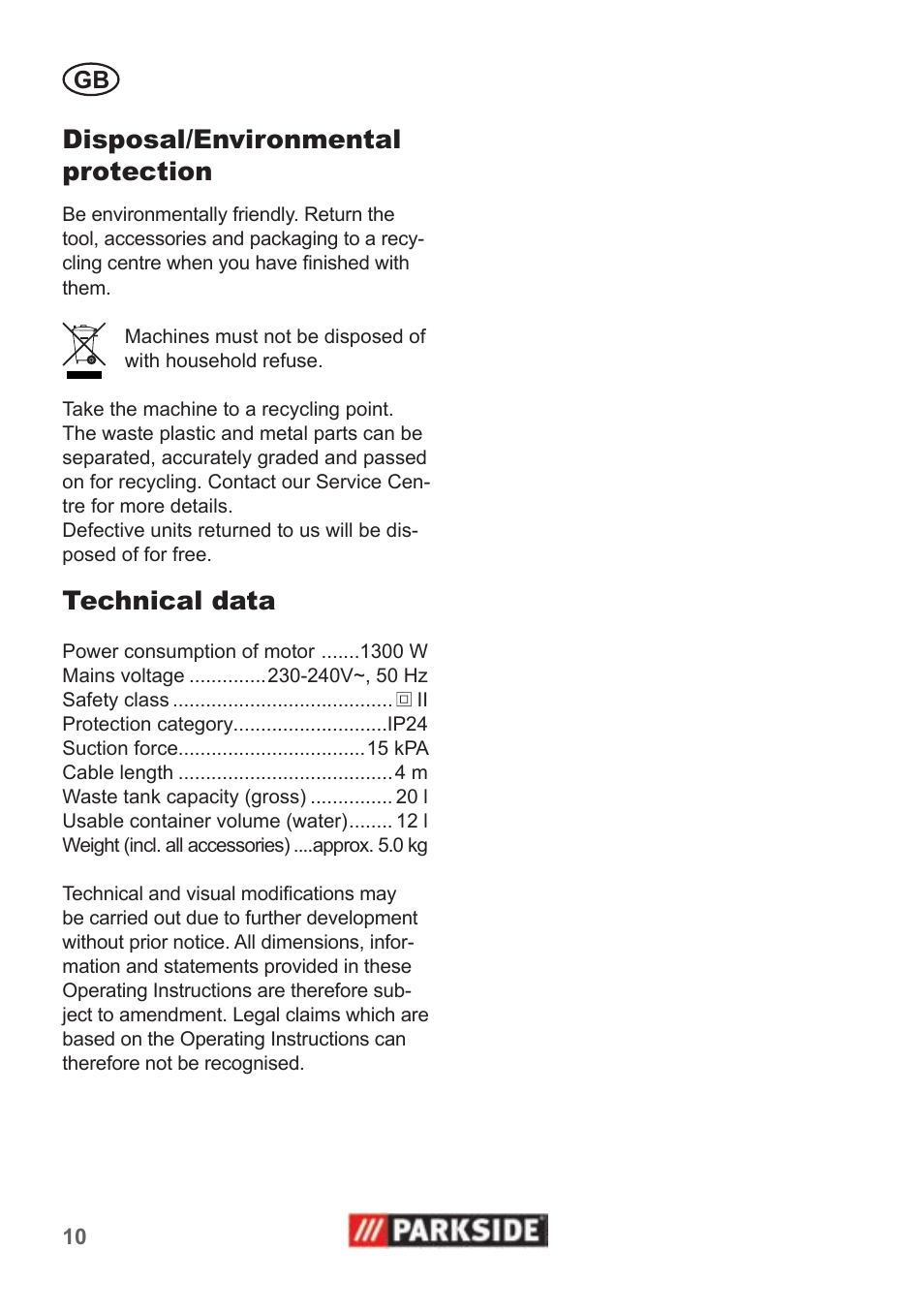 Disposal/environmental protection, Technical data | Parkside PNTS 1300 B2 User Manual | Page 10 / 62