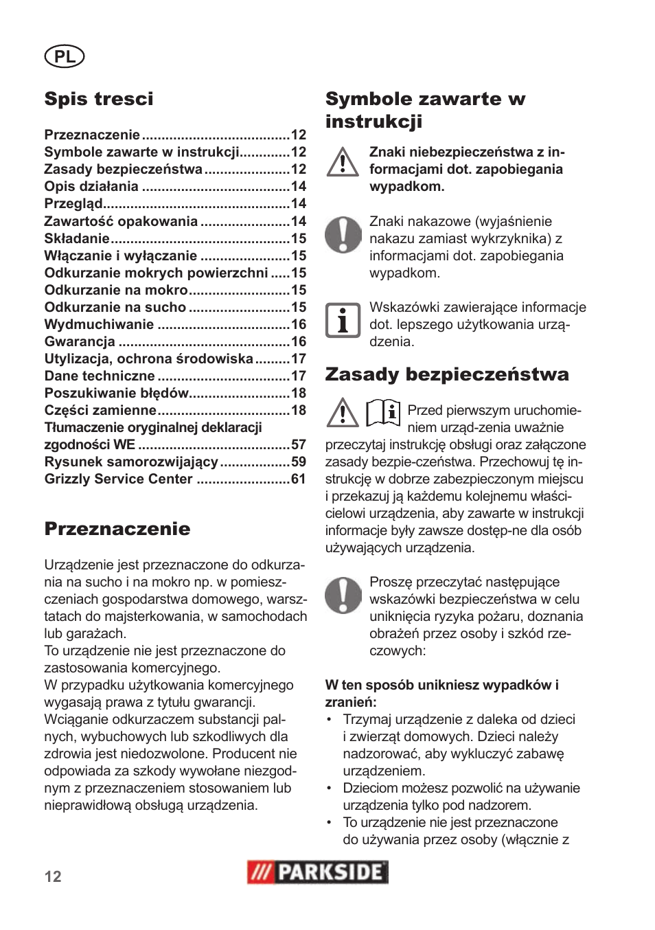 Spis tresci, Przeznaczenie, Symbole zawarte w instrukcji | Zasady bezpieczeństwa | Parkside PNTS 1300 B2 User Manual | Page 12 / 62