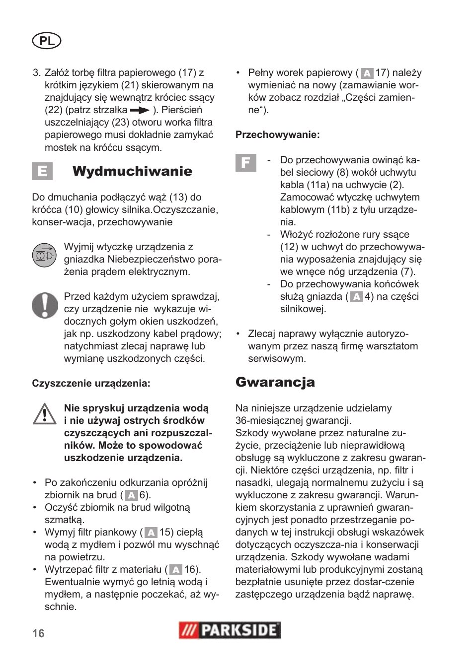 Wydmuchiwanie, Gwarancja | Parkside PNTS 1300 B2 User Manual | Page 16 / 62