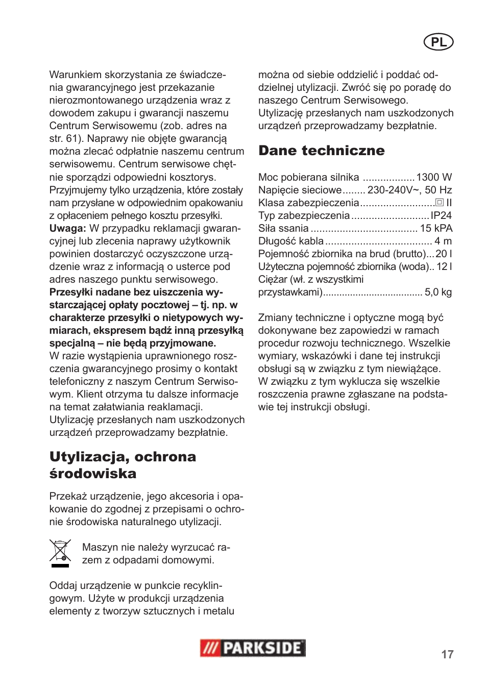 Utylizacja, ochrona środowiska, Dane techniczne | Parkside PNTS 1300 B2 User Manual | Page 17 / 62